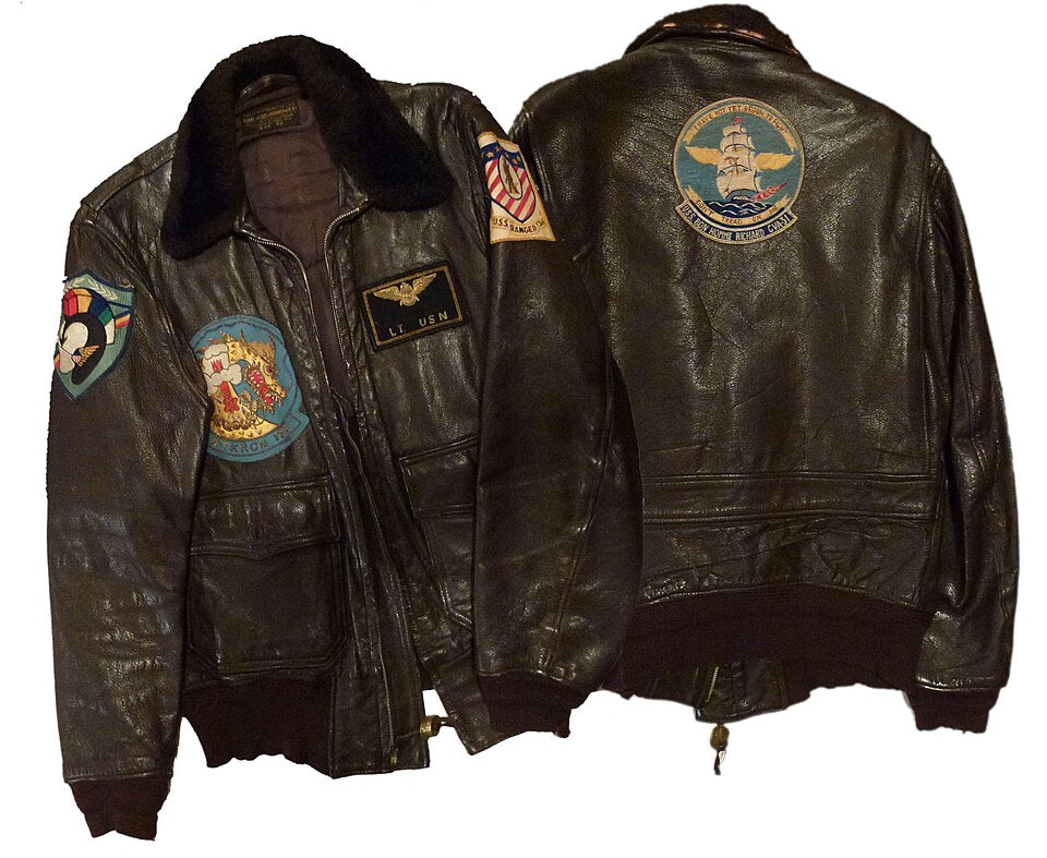 Leather G-1 US Naval aviator's jacket, with patches for USS Bon Homme Richard (CVA-34), USS Ranger (CVA-61), Carrier Air Group NINETEEN (CVG-19), and Attack Squadron 192 "Golden Dragons" (VA-192)